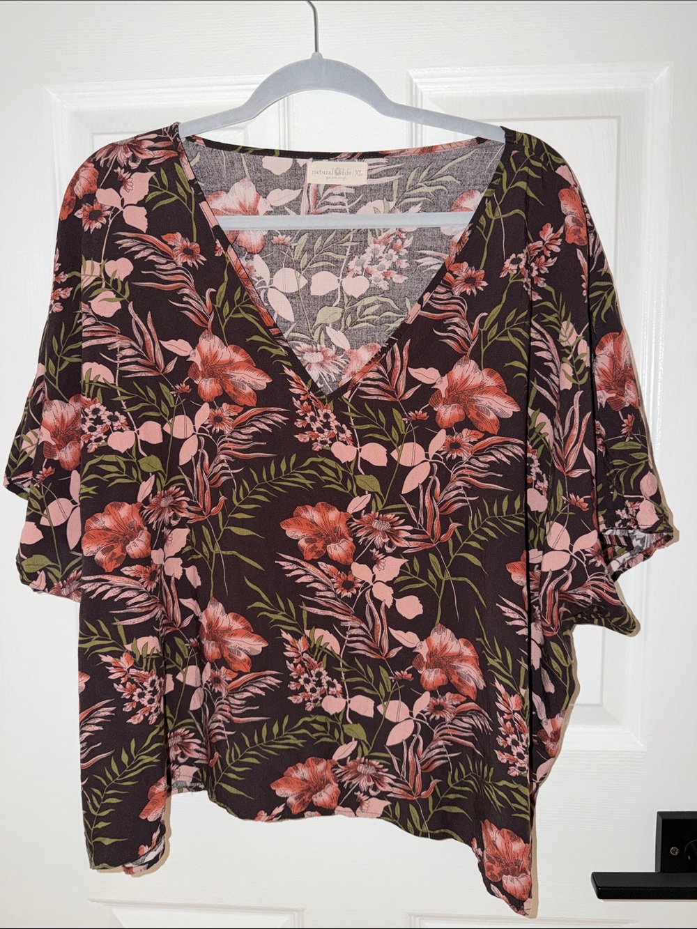 NATURAL LIFE Brown Floral V-Neck Blouse with Pink Accents